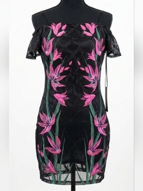 Chic Black Mini Dress with Pink Floral Design